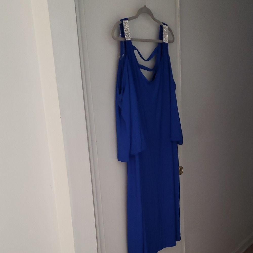 Midnight Royal Blue Cold-Shoulder Evening Dress with Embellished Straps